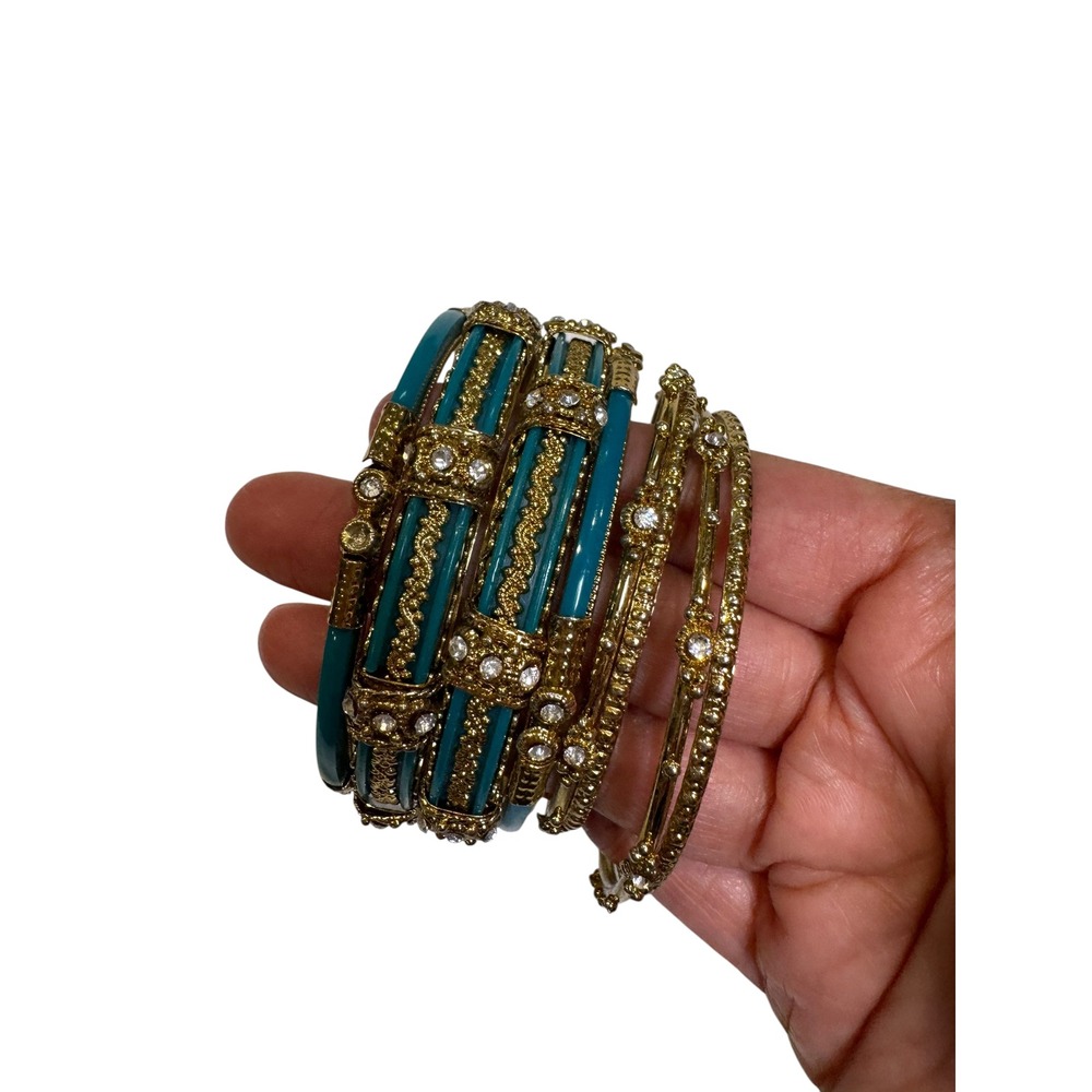 New York & Company Teal Gold Bangle Bracelet Set Crystal Accents India Set of 8